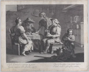 Tre personer satt rundt et bord til venstre mens en mann kommer med en tom tallerken..., 1760-70.