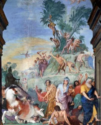 Musene og dikterne jakter på Parnassus (muser og poeter utvist fra Parnassus) Fresco-detalj av Giovanni da San Giovanni (1592-1636) 1634-1642 Museo degli argenti, Palazzo Pitti, Firenze