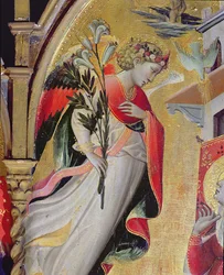 Erkeengel Gabriel, detalj fra Bebudelsen med SS Lawrence, Benedict, Johannes døperen og Nicholas, 1434 (tempera og bladgull på panel)