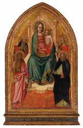 Madonna og barnet troner sammen med de hellige Barbara, Dominik, døperen Johannes og Antonius Abbot