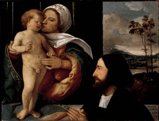 Jomfru og barn med en hengiven mann, maleri av Giovanni Busi dit Cariani (1482-1547)