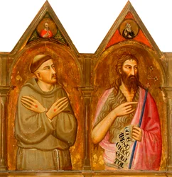Saint Francis og Johannes døperen (venstre paneler av triptyk) (tempera og bladgull på panel)