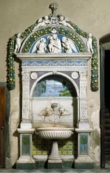 Decoree-fontene med høyt relieff i marmor og terrakotta av Giovanni della Robbia (1469-1529) 1498. Santa Maria Novella sakristi, Firenze