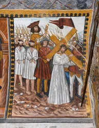 Historier om Kristi lidelse: Jesus går opp til Golgata med korset hjulpet av Kyreneus