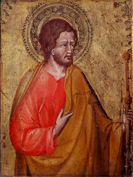 Representasjon av Saint James the Pelerin Dette er Saint James the Major eller Saint James, sønn av Sebedeus. Maleri av Giovanni di Paolo (1395 / 1400-1482) Assisi fra 1400-tallet, Museum of the Treasury of the Basilica of San Francesco og Perkins Collecti