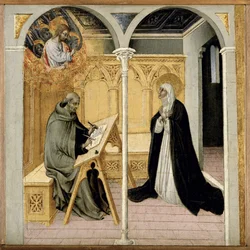 St. Catherine av Siena dikterer hennes dialoger, ca. 1447-61 (tempera på panel)