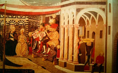 Frontal fra Adimari Cassone som viser en bryllupsscene foran dåpskapellet, ca. 1450