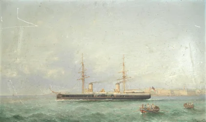 Slagskipet HMS Inflexible setter kursen ut til sjøs fra Grand Harbour, Valetta