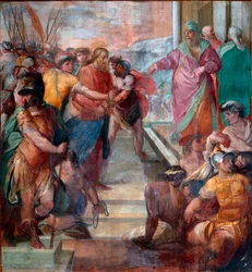 Kristus ledes foran Caiphus Detalj av en av freskene av Kristi lidenskap laget av Girolamo Massei (1540-1614) 1594-1600 Roma, Santa Prassede
