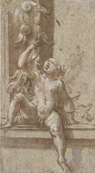 En putto sittende på en ramme, ca. 1538-40.