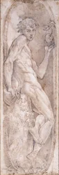 Adam holder et eple, sittende, i en medaljong, ca. 1547-1553
