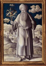 Helportrett av Ptolemaios, Claudius Ptolemaios (90-168 e.Kr.), gresk astronom. Maleri av Girolamo Mocetto (1458-1531), 1531, Paris, Musée Jacquemart-André