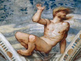 Naken mann, Detalj av fresker av Girolamo Romanino (ca 1484-etter 1559), bestilt av Bernardo Clesio