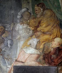 Nebuchadnezzar, detalj fra miraklet til Daniels tre følgesvenner, freskomaleri av Girolamo Romanino (ca 1484-etter 1562), detalj av den høyre veggen til kirken Saint Anthony Abbot, Breno. Italia
