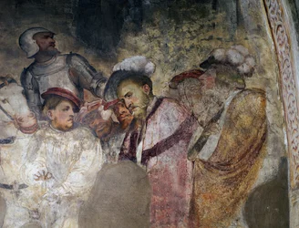 Soldat iført rustning og menn med hatter, detalj av en freskomaleri av Girolamo Romanino (ca 1484-etter 1562), venstre vegg i prestegården til Church of Saint Anthony Abbot, Breno. Italia