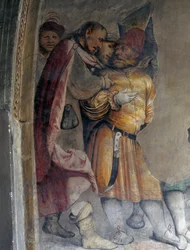 To menn som snakker med hverandre, detalj av en freskomaleri av Girolamo Romanino (ca1484-etter 1562), venstre vegg i prestegården til Church of Saint Anthony Abbot, Breno. Italia