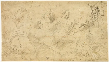 Gammelt relieff med Herkules og Diomedes#39; hopper (rekto); To skisser: Drapert satyr og bevinget kvinnefigur (verso)