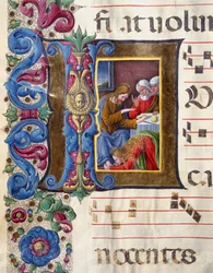 Decoree brevpapir som viser Maria Magdalena ved føttene til Jesus Miniatyr av Girolamo da Cremona (aktiv rundt 1451-1483) og Liberale da Verona (1445-1529) fra et kor (Cod. 22/7. c.15v) fra katedralen i Siena . Cathedrale (Duomo) fra 1400-tallet