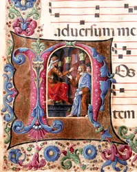 Decoree-bokstaver som representerer Jesus Kristus foran Pontius Pilatus miniatyr av Girolamo da Cremona (aktiv rundt 1451-1483) og Liberale da Verona (1445-1529) fra et kor (Cod. 22/7. ca. 22.) fra Cathedrale of Siena. Cathedrale fra 1400-tallet (Duom