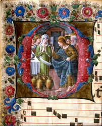 Decoree lettrine som representerer bryllupet til Cana Miniature av Girolamo da Cremona (aktiv rundt 1451-1483) og Liberale da Verona (1445-1529) fra et kor (Cod. 19/4. c.19v.) fra katedralen i Siena. Cathedrale (Duomo) fra 1400-tallet i Siena, Italia