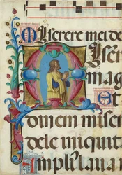 Manuskriptilluminasjon med David i bønn i en initial M, fra en salmebok, italiensk, 1501-2.