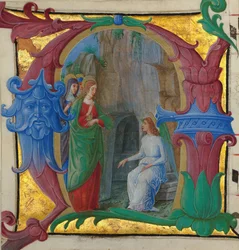 Manuskriptilluminasjon med de hellige kvinnene ved graven i en initial A..., italiensk, ca. 1490-1500.