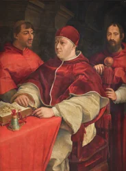 Portrett av pave Leo X de#39; Medici med kardinalene Giulio de#39; Medici og Innocenzo Cybo Portrett av pave Leo X med kardinalene Giulio de#39; Medici og Innocenzo Cybo