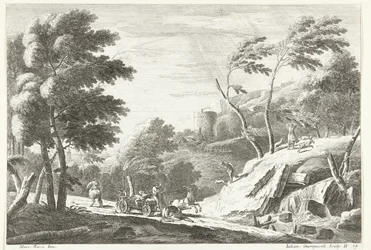 Landskap med tordenvær og skremte dyr ved en liten foss Italiensk landskap (serietittel)