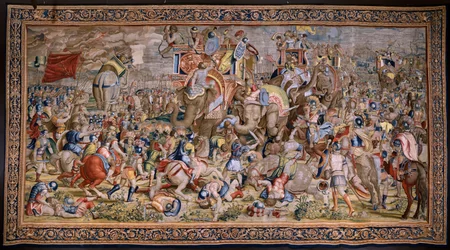 flamsk billedvev. Serien The Acts of Scipio: Slaget ved Zama. Tegneserieskaper Giulio Romano. Atelier av Balthasar van Vlierden (?), Brussel. 1523-1532.