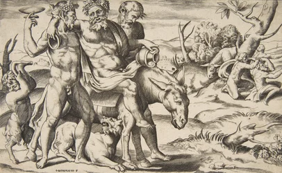 En beruset Silenos ridende på et esel, støttet av satyrer, 1531-76