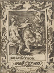 Athena satt i nærheten av Juno som har tatt bort Amors piler, satt innenfor en forseggjort ramme..., 1531-76.