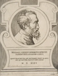 Bysteportrett av Michelangelo vendt mot høyre, satt i en kartusj., 1546.