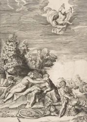 Calypso prøver å arrestere Ulysses mens et barn forbereder rustningen til høyre og Mercury fa..., 1531-76.
