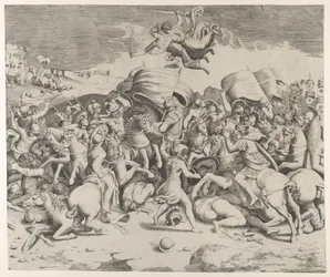 Konstantin beseiret tyrannen Maxentius, engler som bærer sverd flyr over, 1544., 1544.