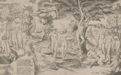 Amor i Elysian Fields bundet til et tre i midten, omgitt av mange figurer, 1563., 1563.