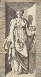 Diana holder frukt i venstre hånd stående innenfor en nisje, ca. 1531-76.
