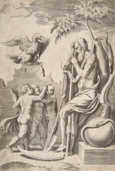 Fader Tid til høyre støttet på en ljå, tre nakne gutter og ørn til venstre, 1..., 1531-76.