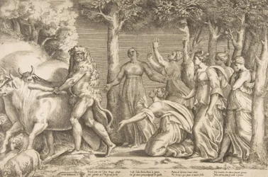 Herkules driver vekk storfeet til Geryon, til høyre er nymfene til Hesperides, ..., 1531-76.
