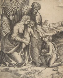 Hellig familie med døperen Johannes som kneler til høyre, 1531-76.