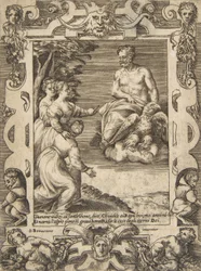 Juno til venstre ber Jupiter om å hjelpe grekerne, satt innenfor en forseggjort ramme, fra 