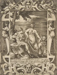 Jupiter til venstre i form av en hyrde akkompagnert av Mnemosyne, satt i en elabo..., 1531-76.