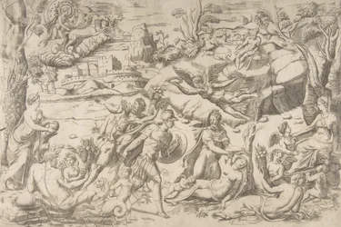 Mars og Rhea Silvia: i sentrum holder Mars et skjold og sverd, Rhea Silvia sover..., ca 1531-76.