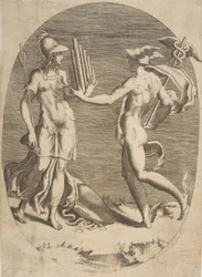 Mercury presenting a panpipe to Minerva who stands at left, an oval composition, 1531-76.    1169875   no       norwegian Successfully Translated  Original: Petrus als berouwvolle zondaar Acht berouwvolle zondaars uit het Oude en Nieuwe Testament (series t