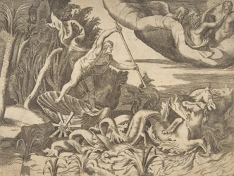 Neptun i sin vogn blir trukket av sjøhester, fra 