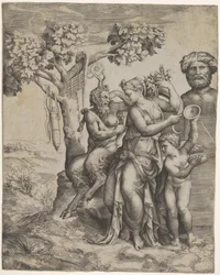 Pan sittende nær en kvinnelig figur med et overflødighetshorn, en nymfe eller Pomona, til høyre ..., ca. 1550-60
