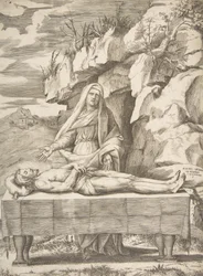 Pieta, Kristus strakt ut på et bord i et landskap, Jomfruen stående bak våpen ..., 1531-76.