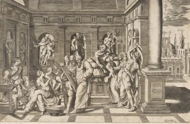Fødselen til døperen Johannes satt i en klassisk bygning, ca 1531-76