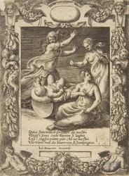 Spedbarnet Hercules dreper slangene, satt innenfor en forseggjort ramme, fra 