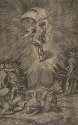 Kristi oppstandelse, med et banner i sin høyre hånd, soldater rundt t..., 1561.