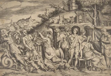 Historien om Jason og Medea til venstre bærer hun av sønnen, i midten er hun ..., 1531-76.